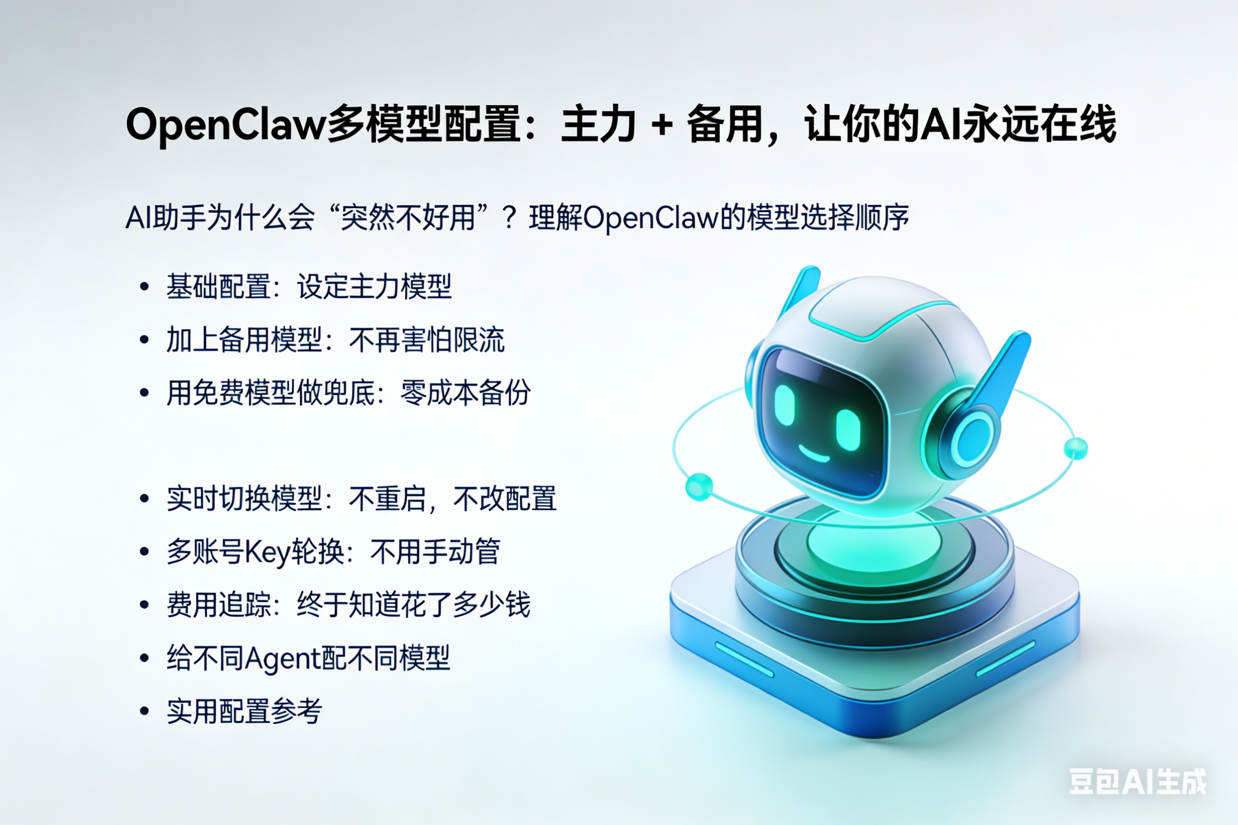 OpenClaw 多模型配置：主力 + 备用，让你的 AI 永远在线